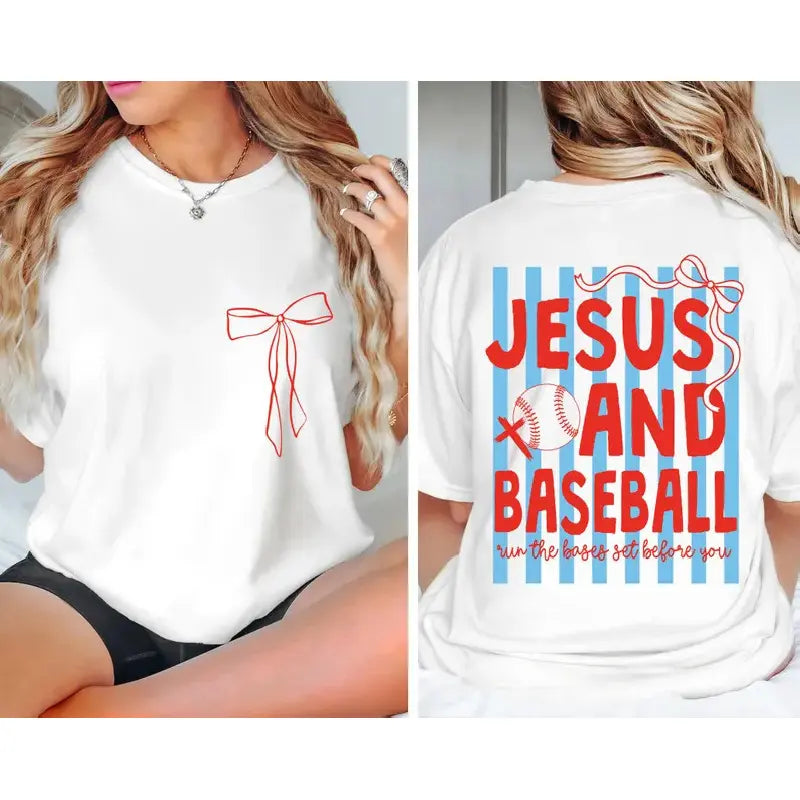 2 Sides Jesus and Baseball T-shirt, Christian Baseball Coquette T-shirt, Baseball Mom T-shirt, Game Day T-shirt, Trendy Preppy Christian Graphic,Men's Solid Color Crewneck Tee for Gym & Casual
