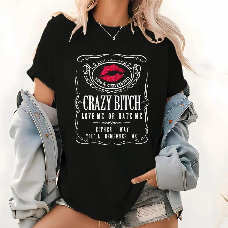 Cotton Short Sleeve Women's Funny Graphic Tees Crazy Bitch Shirt Short Sleeve TShirt Casual T-shirt for Men Women