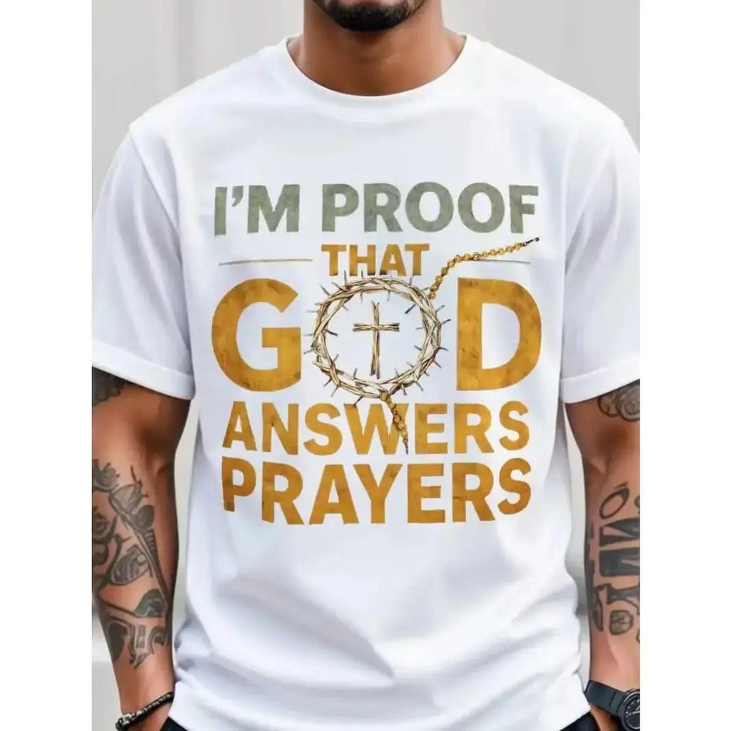 Men's T-Shirt "I Am an Answer to Prayer" with Crown and Cross - Gold Letters, Ultra Soft Breathable Fabric, White/Black Crew Neck Short Sleeve Shirt