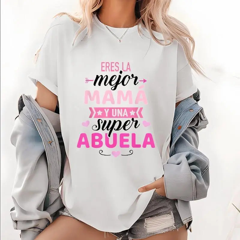 Lady Black Mother's Day T-shirt, Pink Letter Design, Short Sleeve Round Neck, Perfect Gift for Mom, Four-Season Clothing | Mother's Day Theme,Eres La Mejor Mama Y Una Super Abuela” CVC Cotton T-Shirt