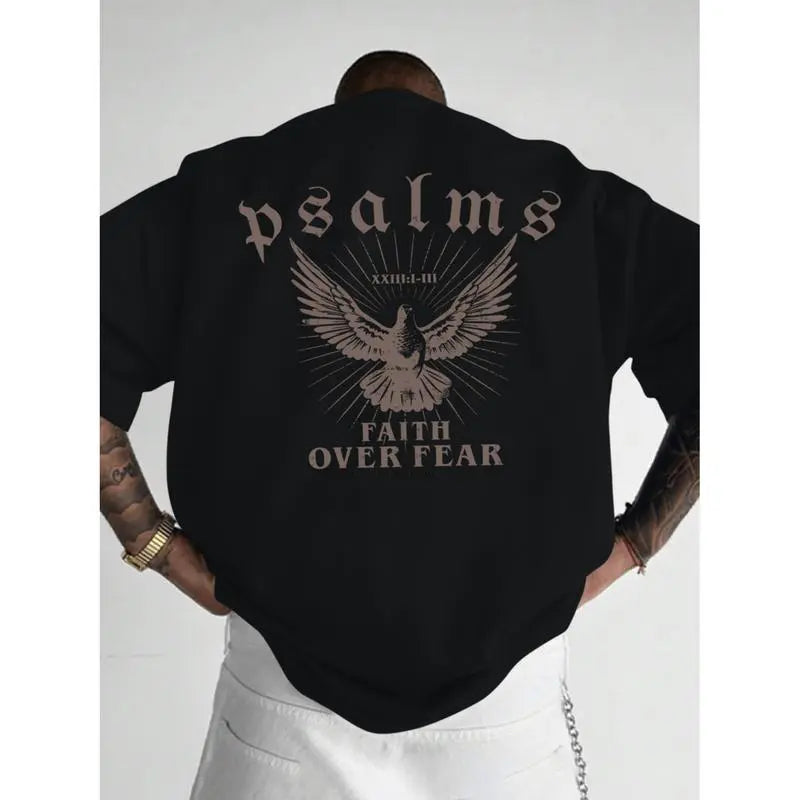 Faith Over Fear T-Shirt With Psalm 93 4 Design Loose Fit Crew Neck Short Sleeve For Men Casual Wear Sports Fan Gift In Glossy Black..