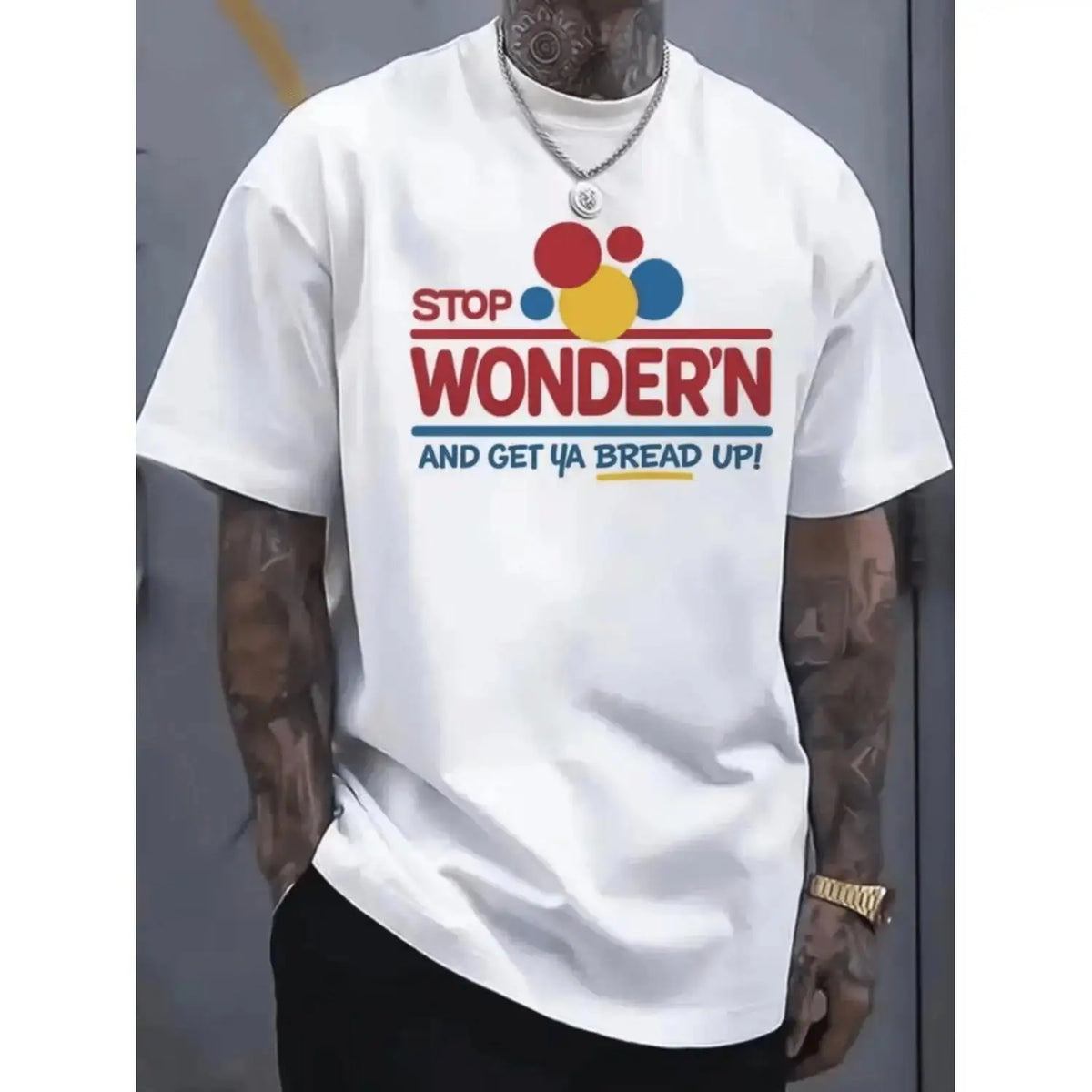 Humorous Men's Printed T-Shirt with "Stop Guessing, Bring Up the Bread" and Smiling Slices Illustration