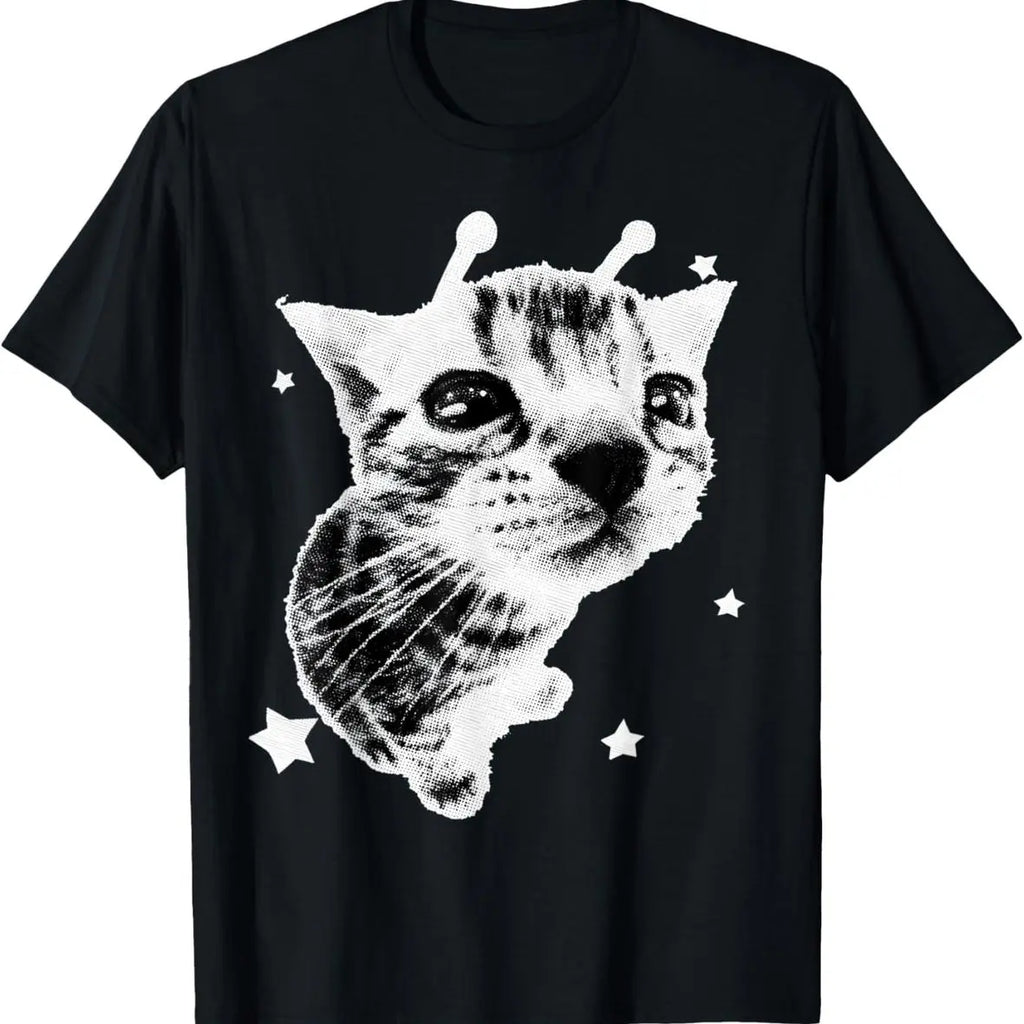 Y2K Alien Cat Meme Retro Silly Cat Vintage Kitty Funny Shirt T-Shirt Pure Cotton Graphic Tees Menswear Top: Gifts for Men & Women