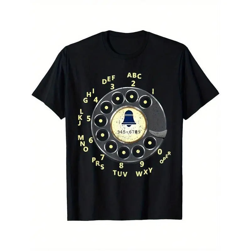 [Vintage Phone T-Shirt] Vintage Dial Phone Printed T-Shirt - Summer Casual Short Sleeved Round Neck T-Shirt - Men'S Clothing, Versatile And Fashionable Top For Daily Wear, Suitable For Daily Life, Regular-Fit, Family T-Shirt