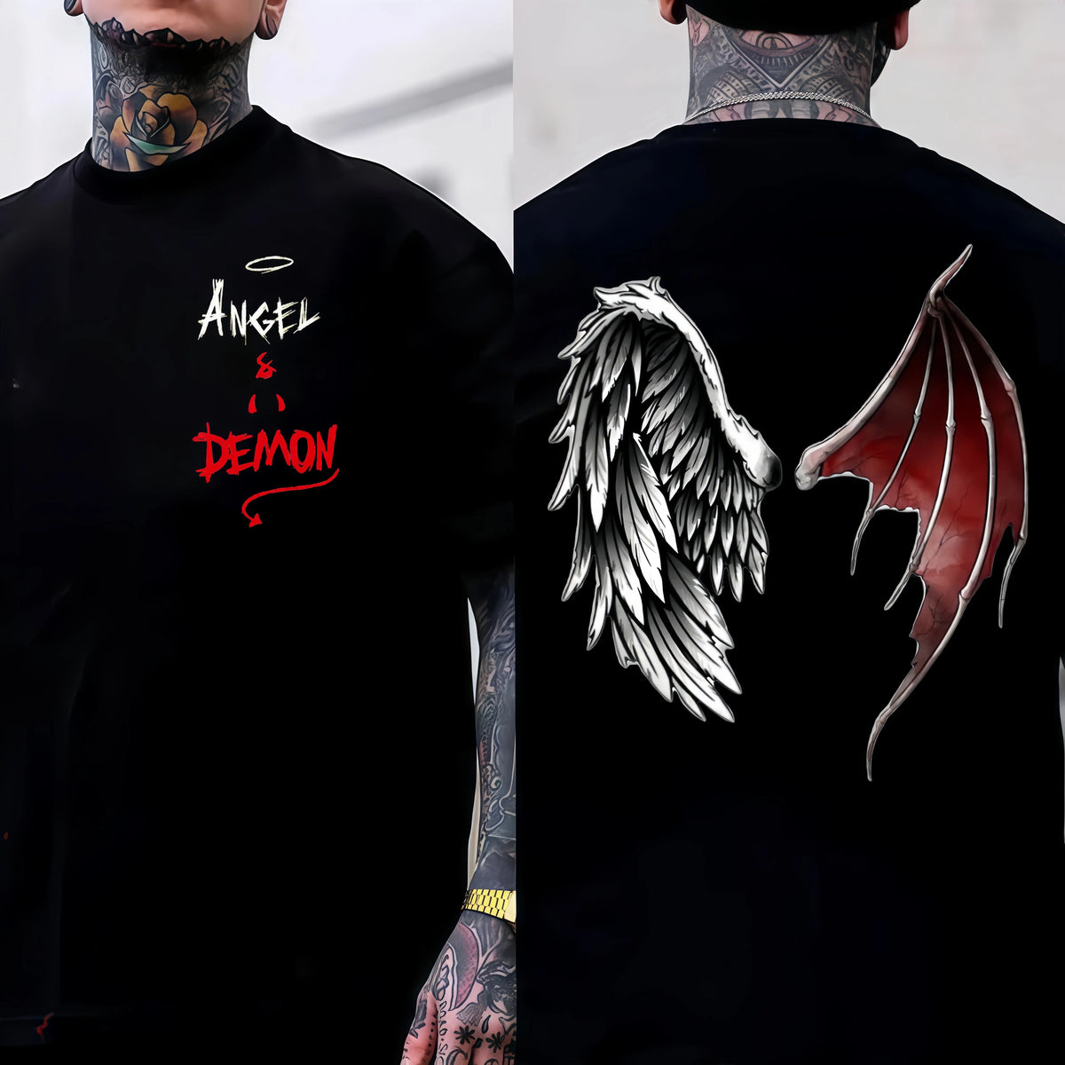 Angel Demon Wings Tee Cotton Double-sided Printed Black Dark Street Style Unisex Loose Fit Y2K Vibe Casual Outfit