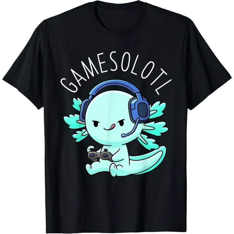 100%25 Cotton Gamesolotl Axolotl Gamer Anime Gifts Kawaii T-Shirt, Black