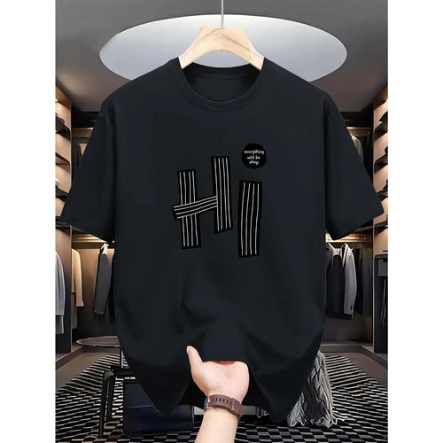 "hi" Letter, Pattern Print, Men's T-Shirt, Men's Novelty Pattern Design T-Shirt, Summer Casual Comfortable T-Shirt, Fashion Short Sleeve Comfortable Versatile Summer T-Shirt Top Round Neck Menswear Shortsleeve Polyester