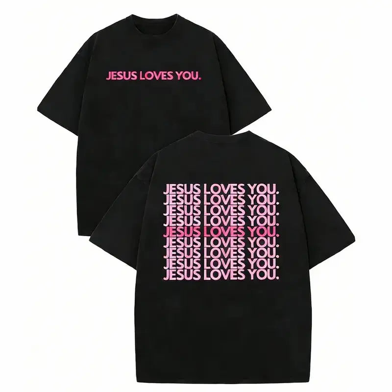 Jesus Loves You Pink Retro Graphic Tee Christian Faith Apparel Minimalist Religious Quote T-Shirt Casual Daily Wear Church Outfit Trendy Spiritual Top for Women